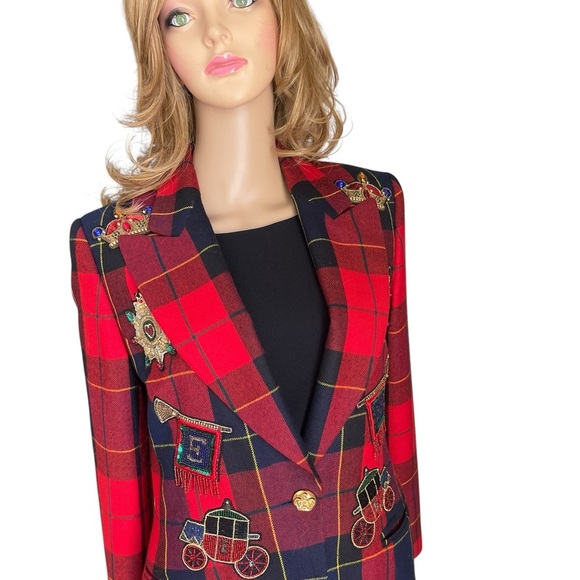 ESCADA COUTURE jacket with embellishment front Wool Plaid Print Blazer size 36(6 - Picture 5 of 16